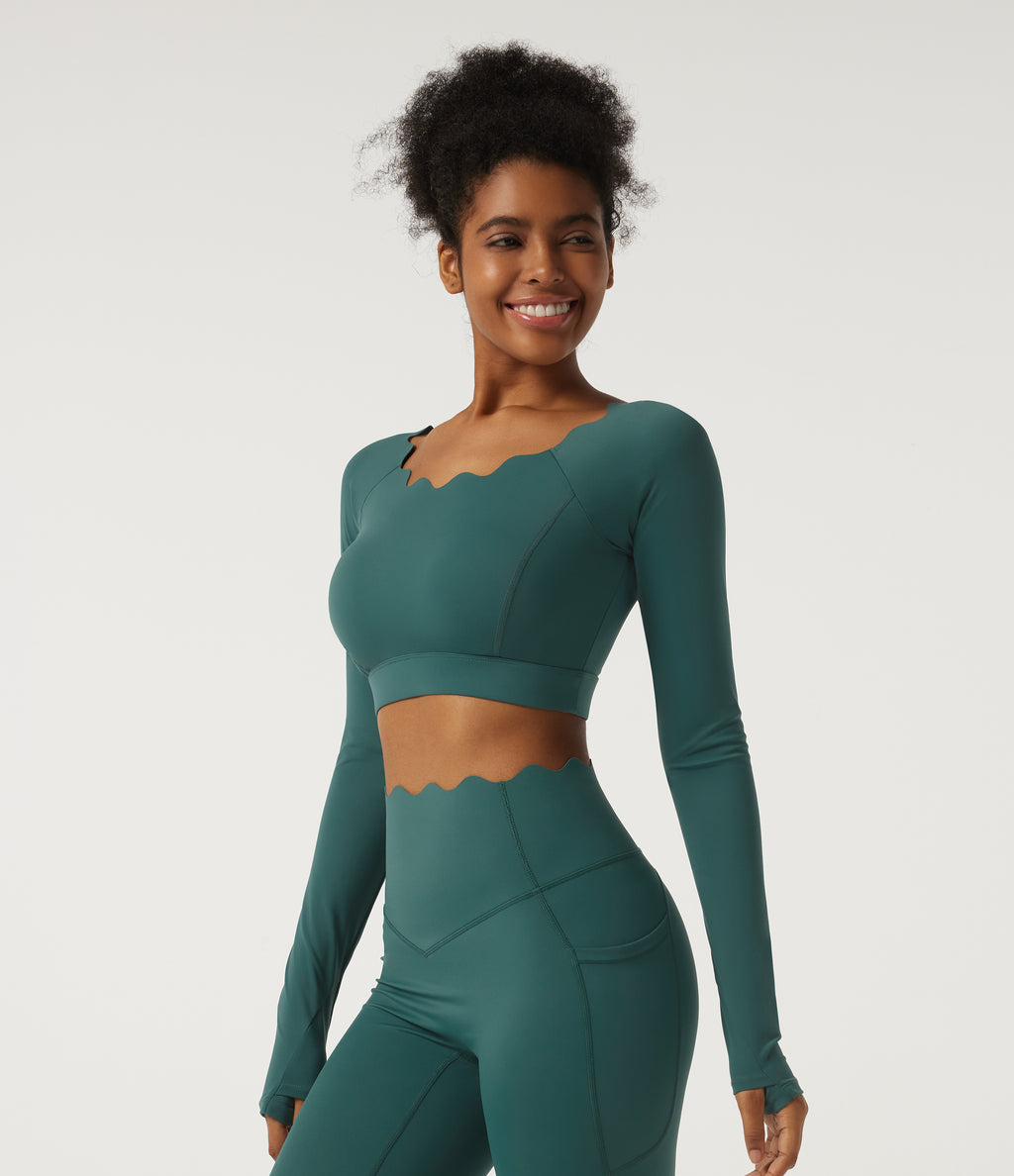 Speedwave Air Scallop Scoop Neck Long Sleeve Yoga Sports Top with Thumbholes and Built-in Bra — Viridian — view 3