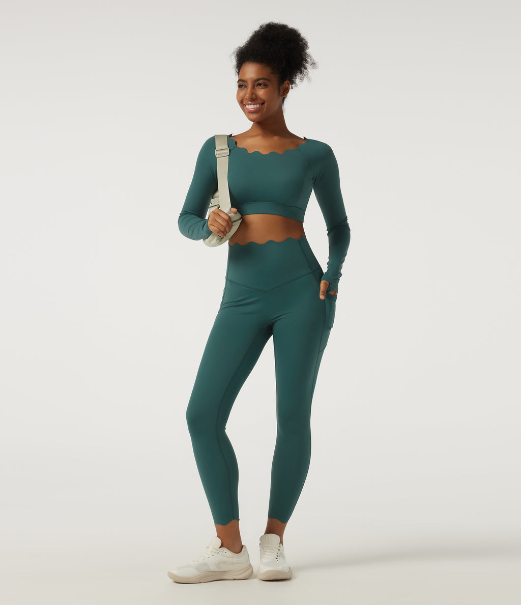 Speedwave Air Scallop Scoop Neck Long Sleeve Yoga Sports Top with Thumbholes and Built-in Bra — Viridian — view 8