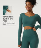 Speedwave Air Scallop Scoop Neck Long Sleeve Yoga Sports Top with Thumbholes and Built-in Bra — Viridian — view 1