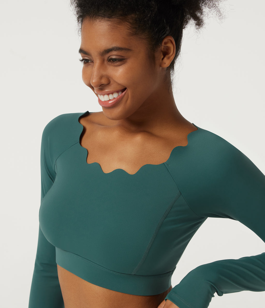 Speedwave Air Scallop Scoop Neck Long Sleeve Yoga Sports Top with Thumbholes and Built-in Bra — Viridian — view 5