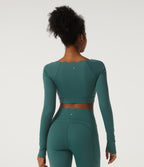 Speedwave Air Scallop Scoop Neck Long Sleeve Yoga Sports Top with Thumbholes and Built-in Bra — Viridian — view 2