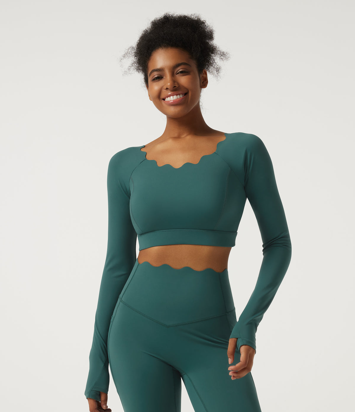 Speedwave Air Scallop Scoop Neck Long Sleeve Yoga Sports Top with Thumbholes and Built-in Bra — Viridian — view 4