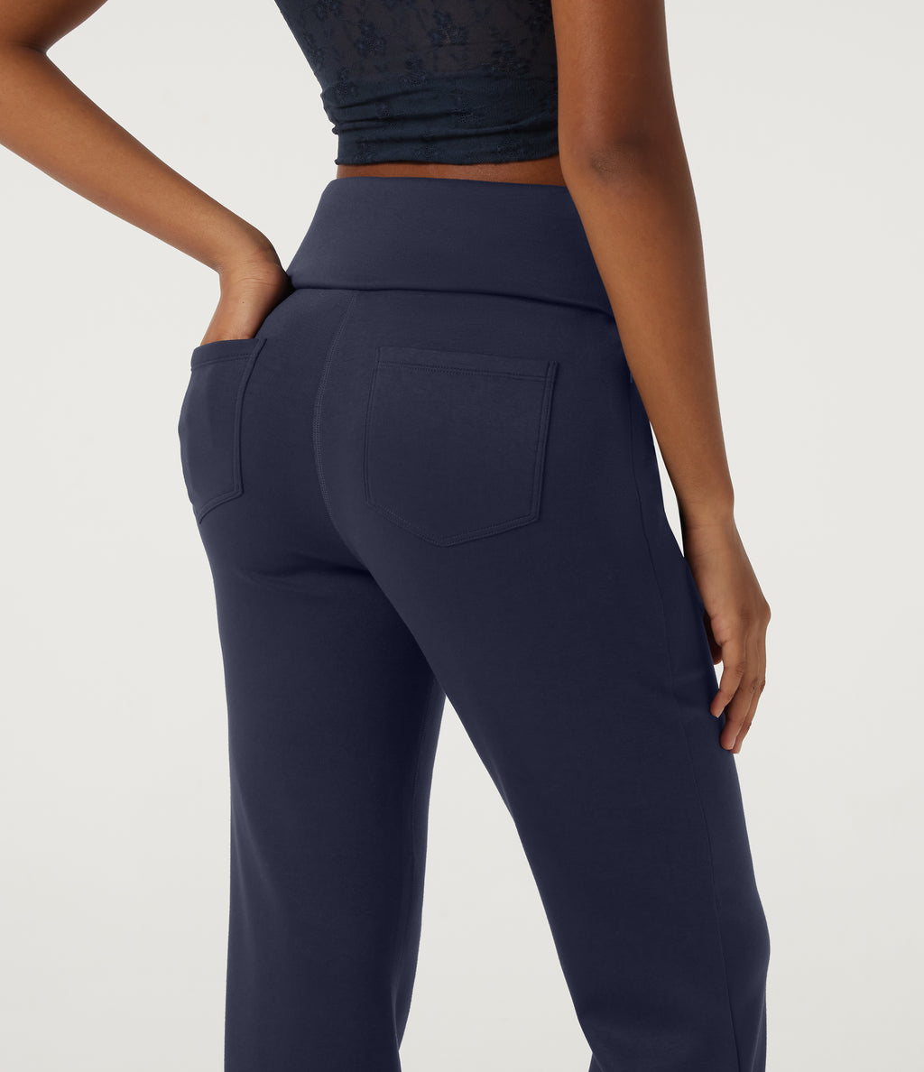 High Waisted Foldover Bootcut Casual Trousers with Pockets — Midnight Blue — view 5