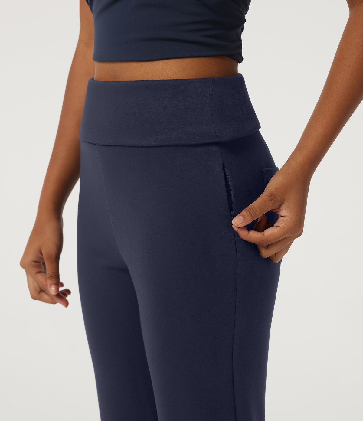 High Waisted Foldover Bootcut Casual Trousers with Pockets — Midnight Blue — view 4