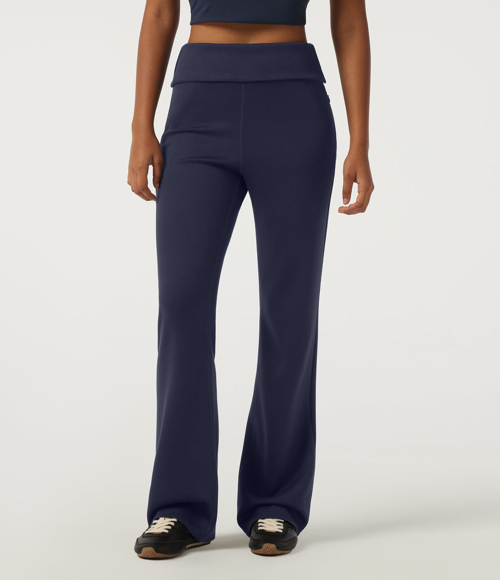 High Waisted Foldover Bootcut Casual Trousers with Pockets — Midnight Blue — view 3