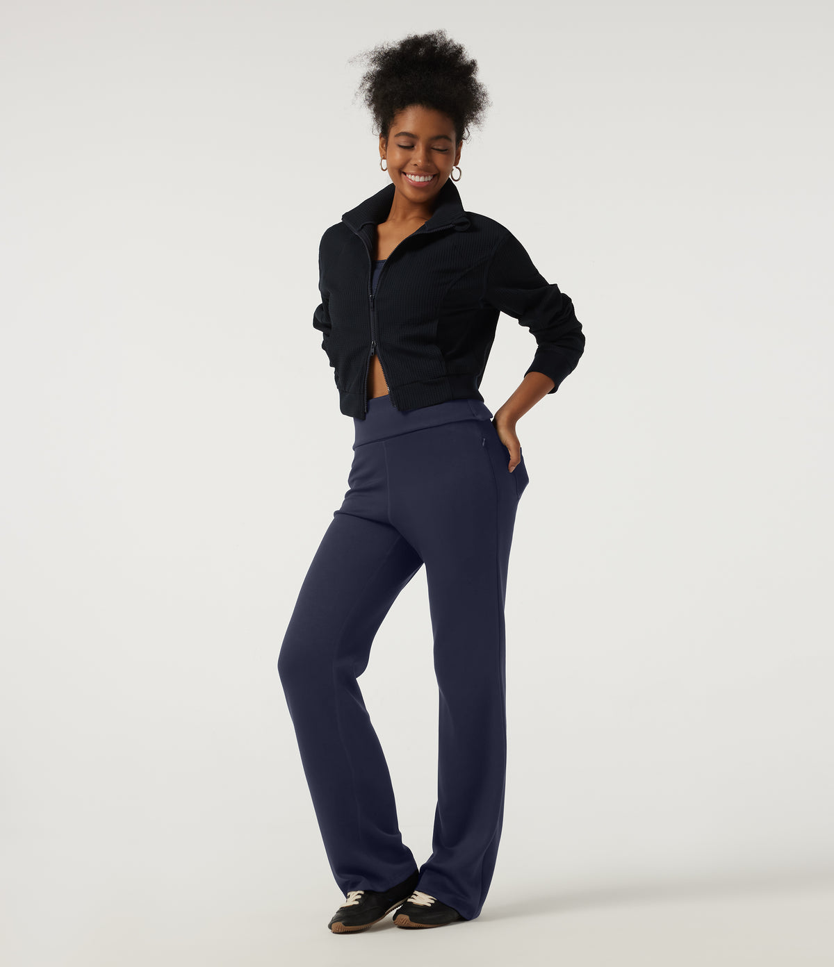 High Waisted Foldover Bootcut Casual Trousers with Pockets — Midnight Blue — view 6