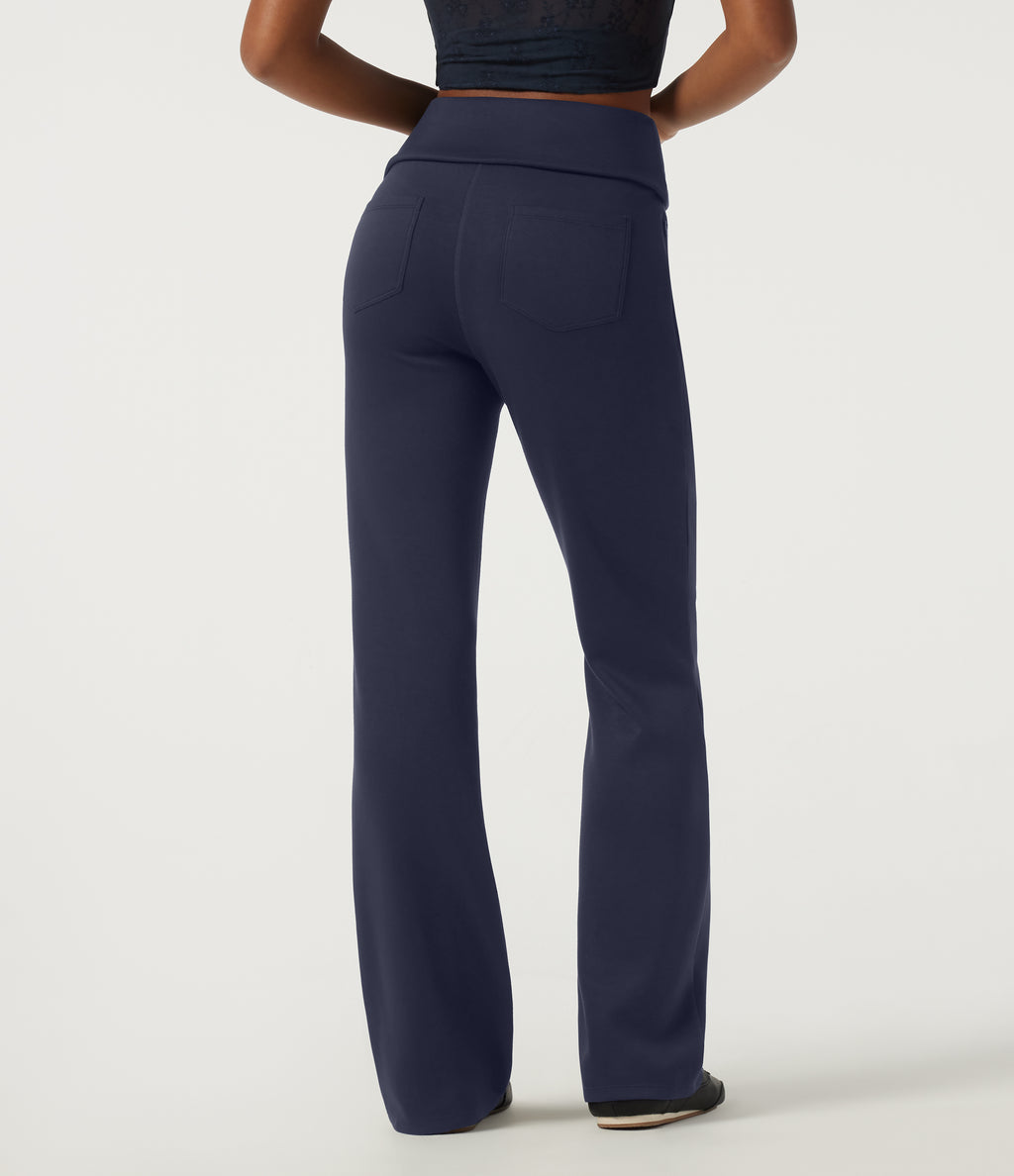 High Waisted Foldover Bootcut Casual Trousers with Pockets — Midnight Blue — view 2