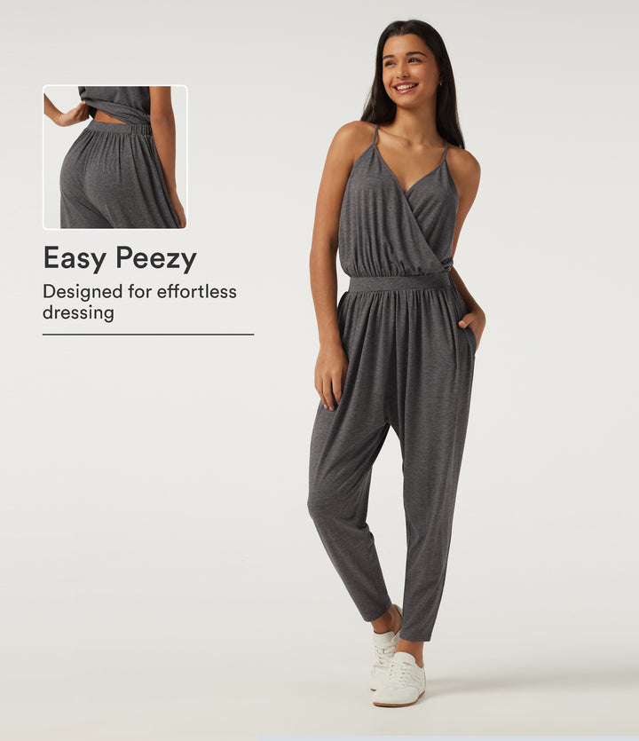 V Neck Sleeveless Tapered Crossover Casual Jumpsuit with Pockets-Edition — Darl Gray Floral Yarn — view 1