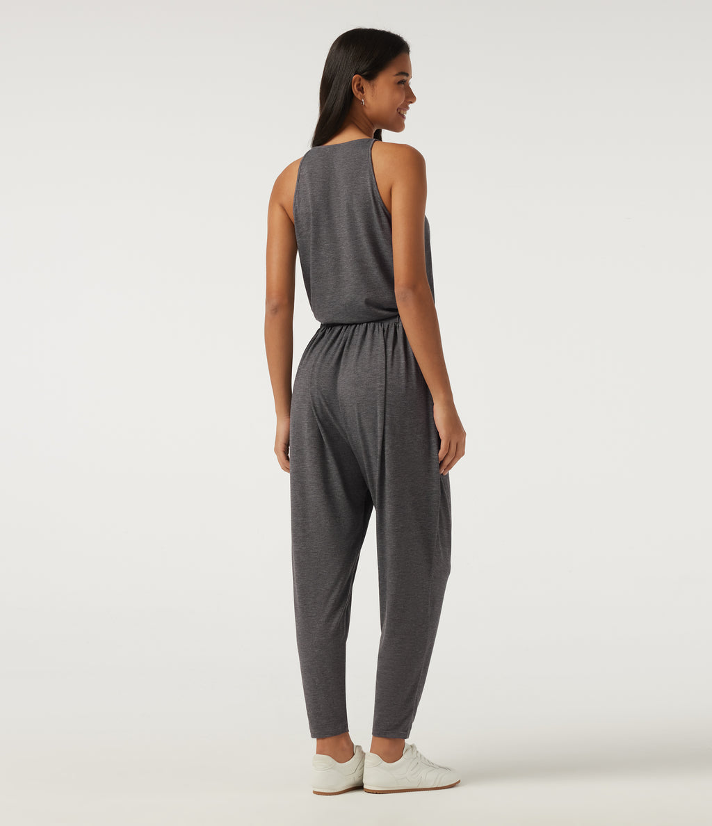 V Neck Sleeveless Tapered Crossover Casual Jumpsuit with Pockets-Edition — Darl Gray Floral Yarn — view 2