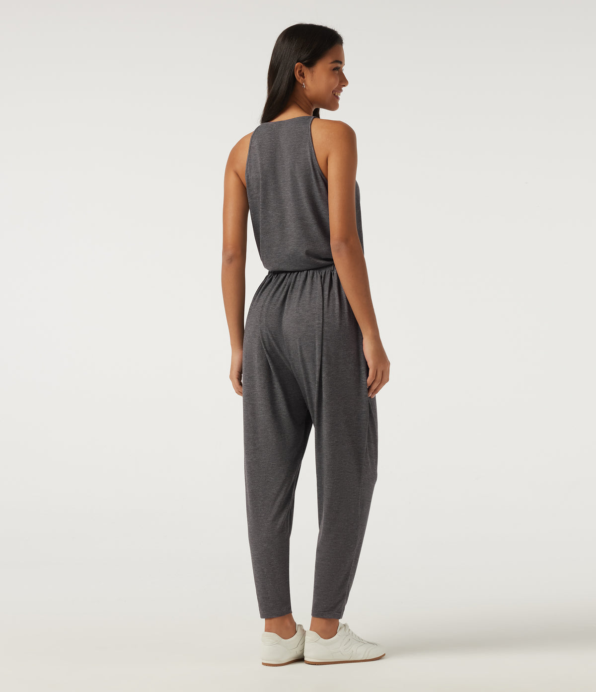 V Neck Sleeveless Tapered Crossover Casual Jumpsuit with Pockets-Edition — Darl Gray Floral Yarn — view 2
