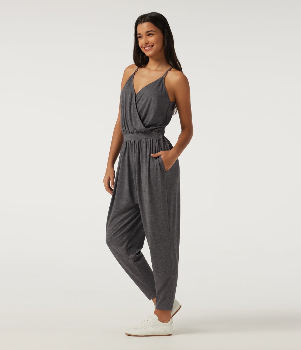 V Neck Sleeveless Tapered Crossover Casual Jumpsuit with Pockets-Edition — Darl Gray Floral Yarn — view 3