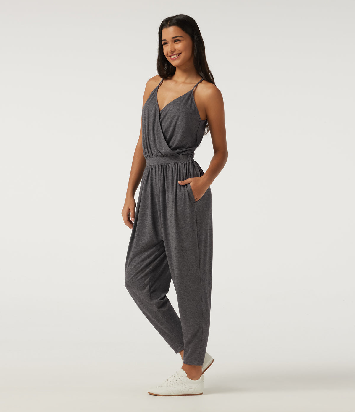 V Neck Sleeveless Tapered Crossover Casual Jumpsuit with Pockets-Edition — Darl Gray Floral Yarn — view 3