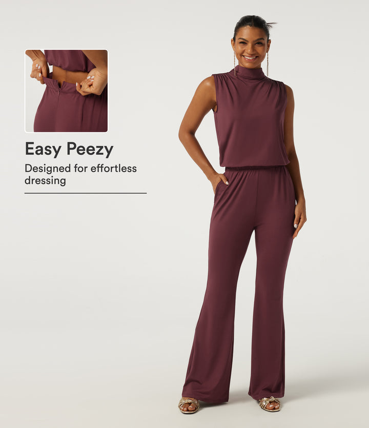 Mock Neck Sleeveless Flare Keyhole Back Party Jumpsuit with Pockets - Edition — New Maroon — view 1