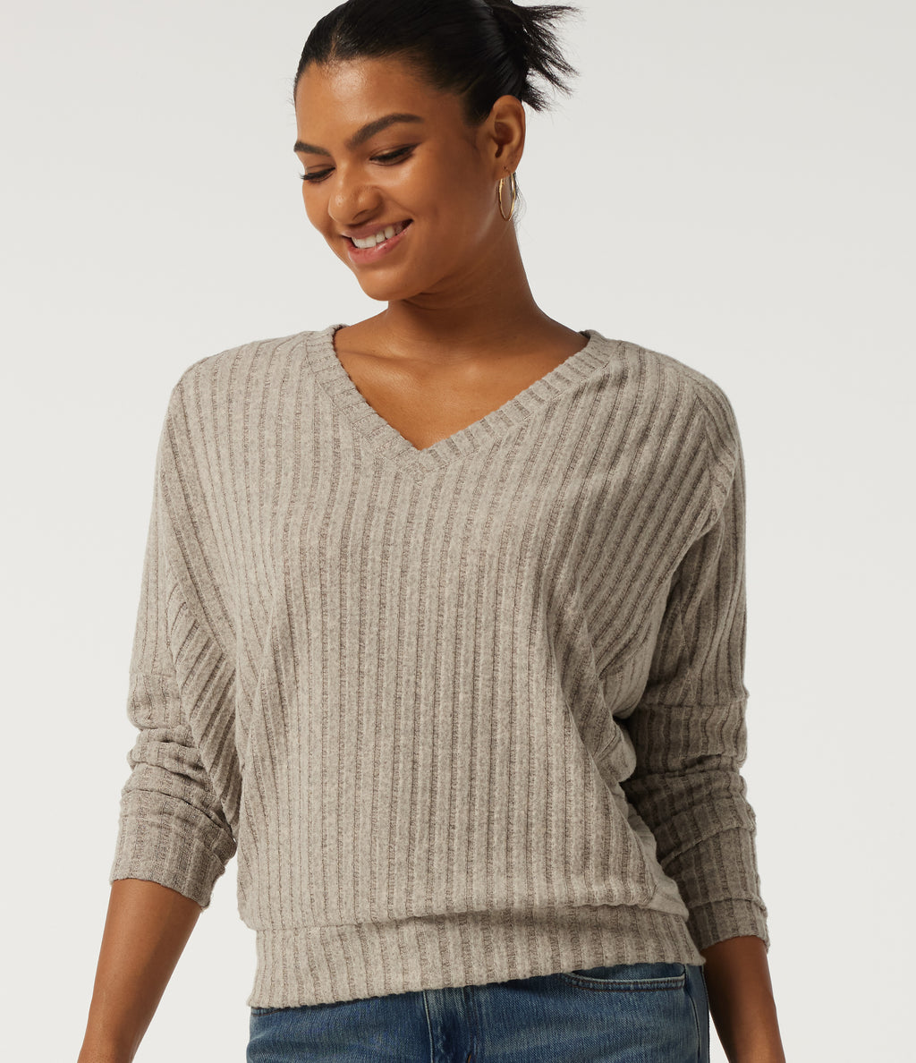 Ribbed Knit V Neck Long Sleeve Casual Top — Ridge Sand Khaki — view 1