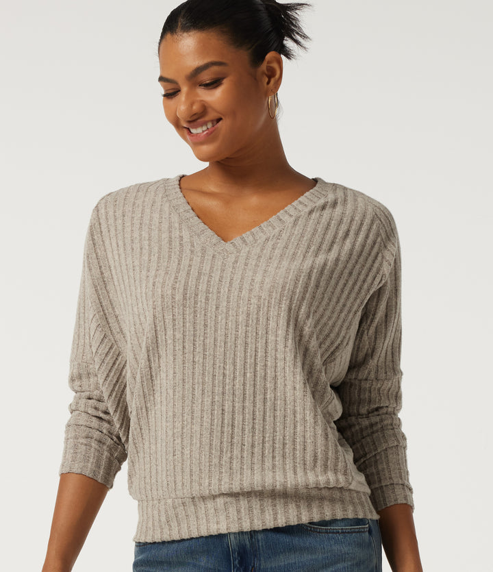 Ribbed Knit V Neck Long Sleeve Casual Top — Ridge Sand Khaki — view 1