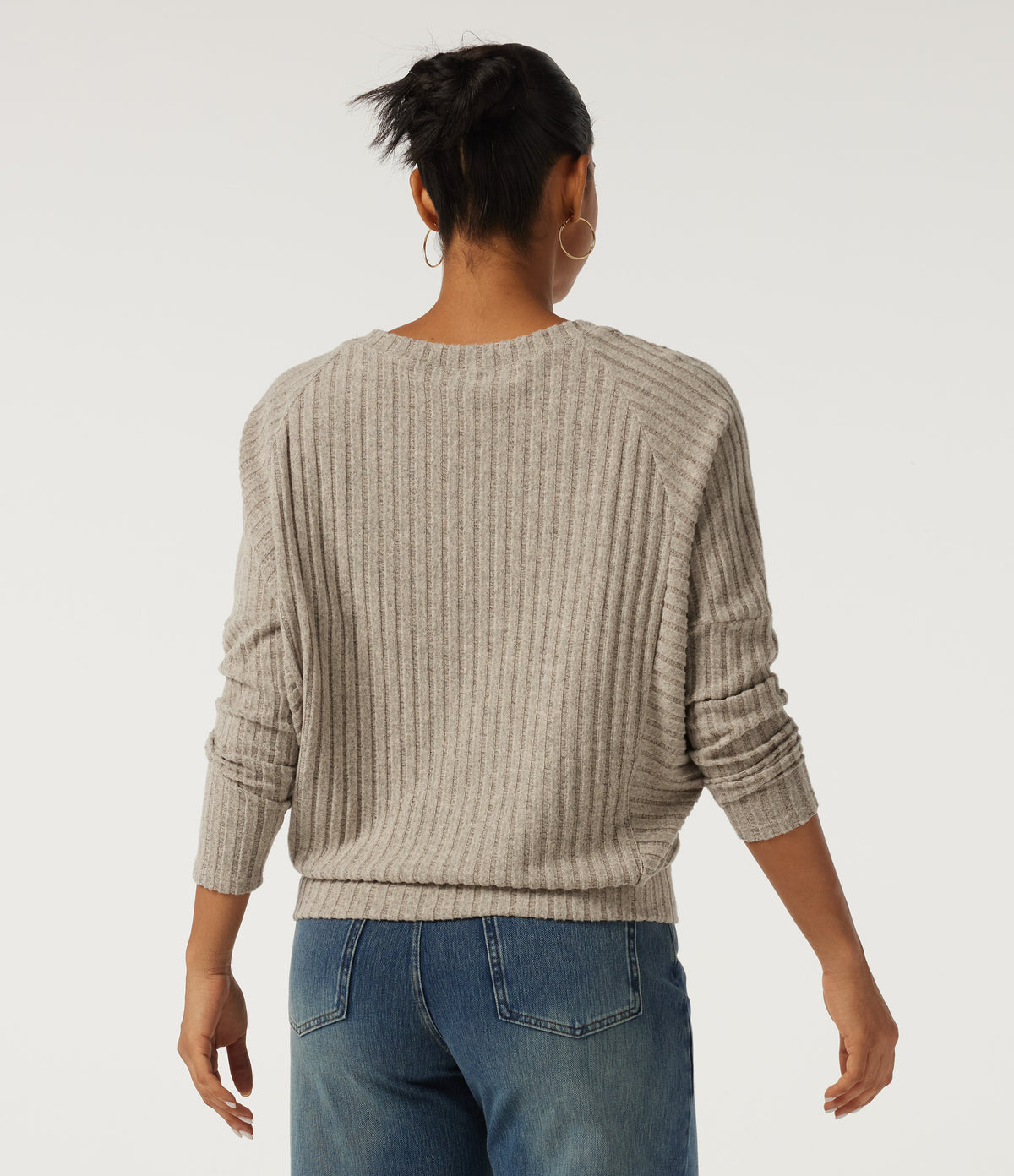Ribbed Knit V Neck Long Sleeve Casual Top — Ridge Sand Khaki — view 2
