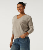 Ribbed Knit V Neck Long Sleeve Casual Top — Ridge Sand Khaki — view 3
