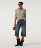 Ribbed Knit V Neck Long Sleeve Casual Top — Ridge Sand Khaki — view 6