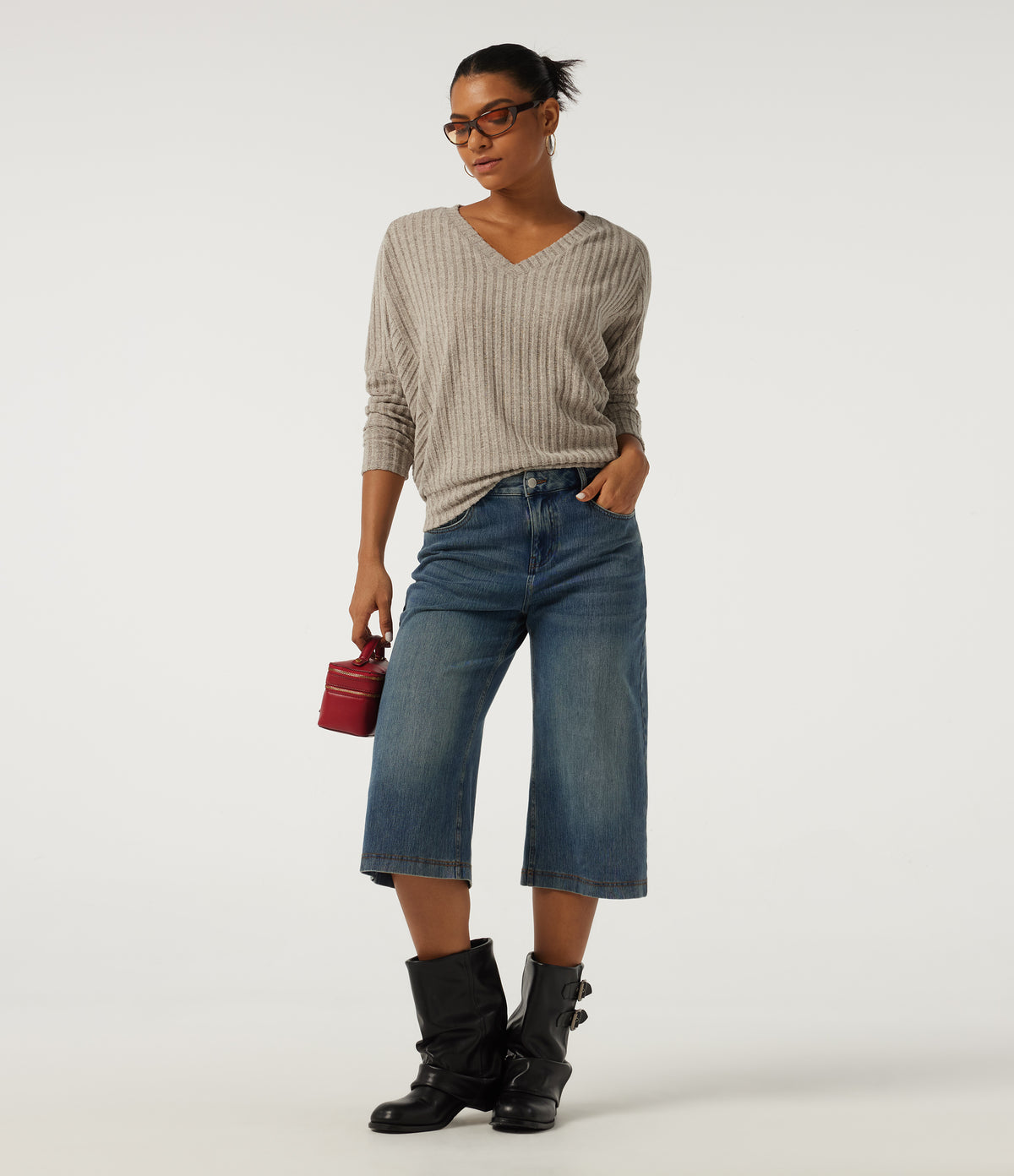 Ribbed Knit V Neck Long Sleeve Casual Top — Ridge Sand Khaki — view 6