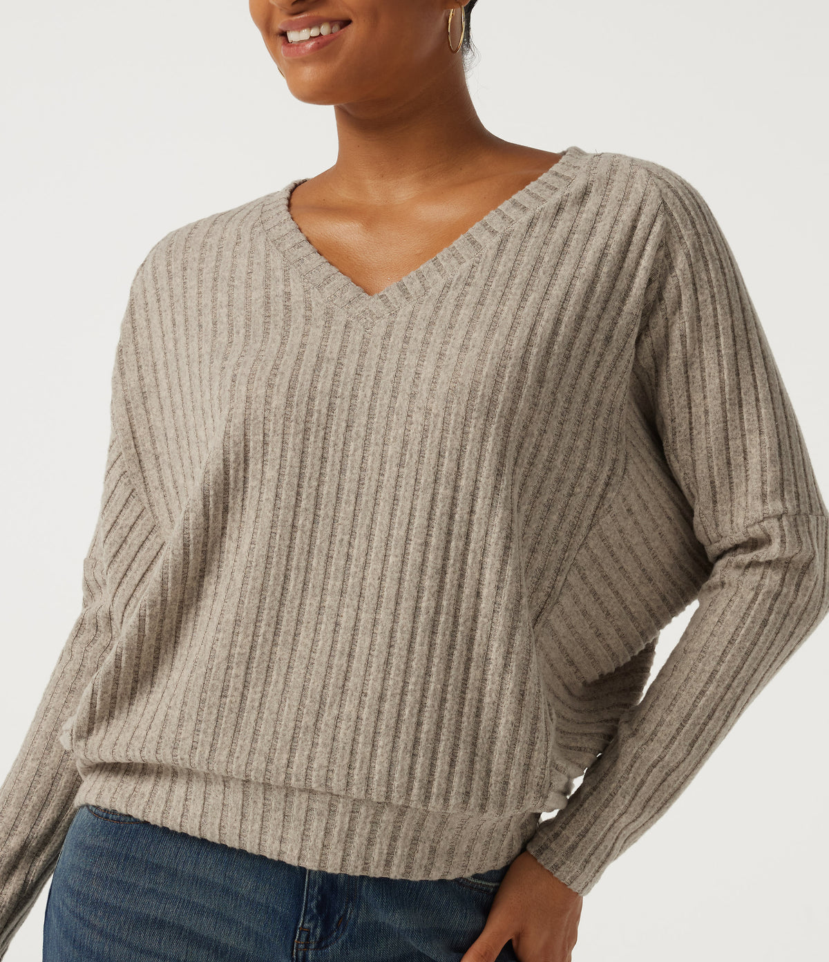 Ribbed Knit V Neck Long Sleeve Casual Top — Ridge Sand Khaki — view 5