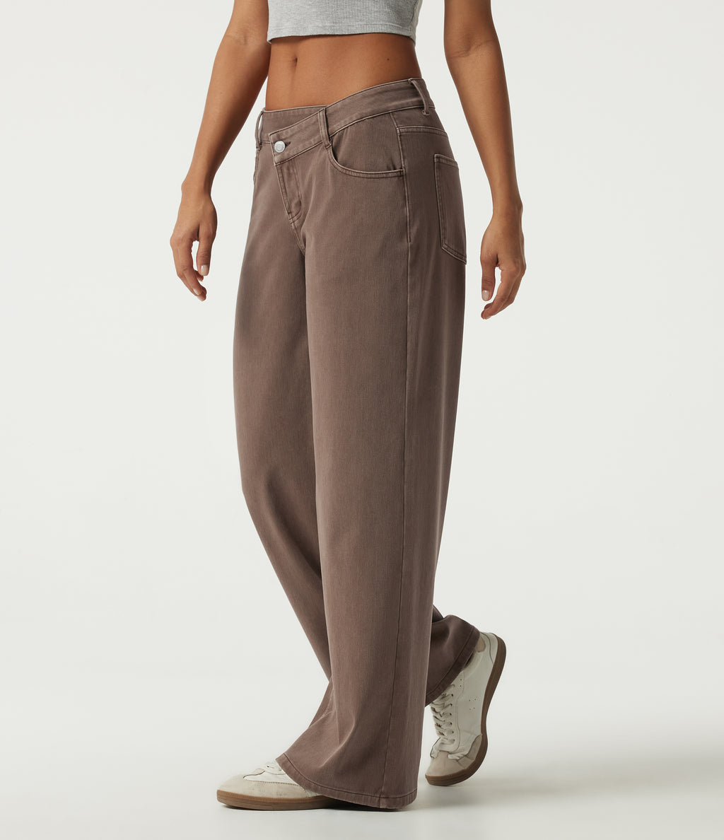Low Rise Asymmetric Wide Leg Colorful Casual Jeans with Pockets — Malt Dune Brown — view 2