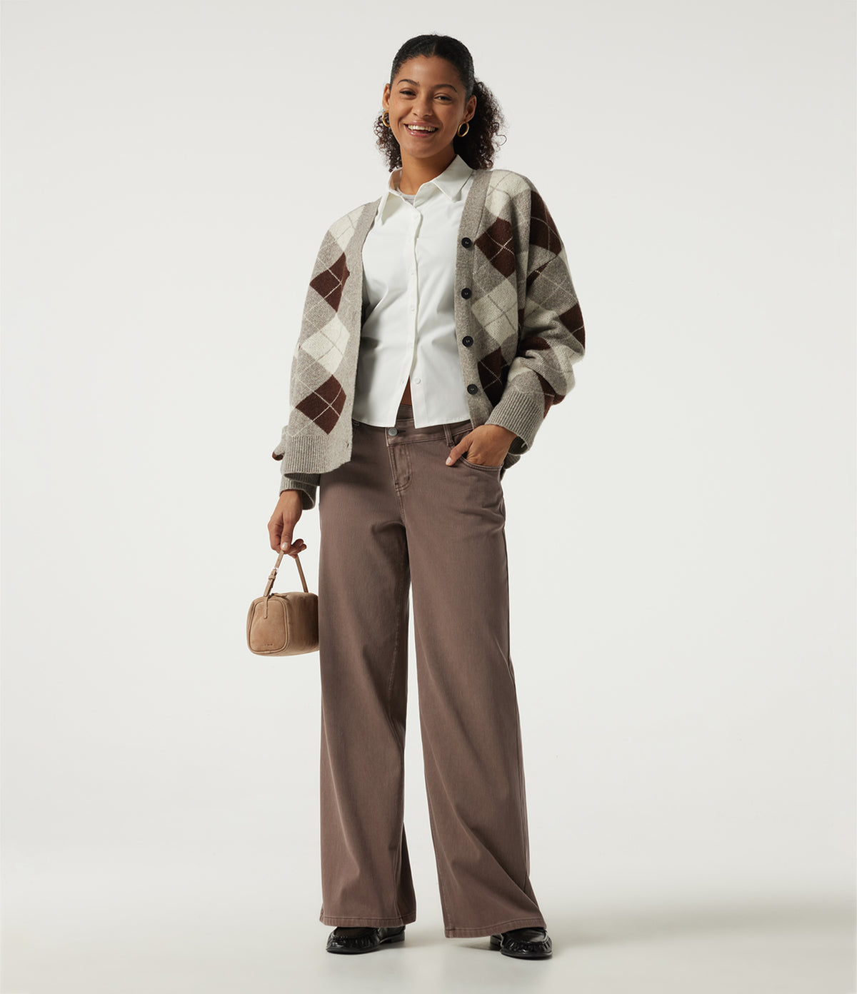 Low Rise Asymmetric Wide Leg Colorful Casual Jeans with Pockets — Malt Dune Brown — view 4