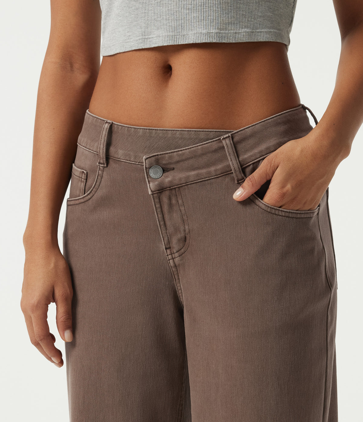 Low Rise Asymmetric Wide Leg Colorful Casual Jeans with Pockets — Malt Dune Brown — view 8