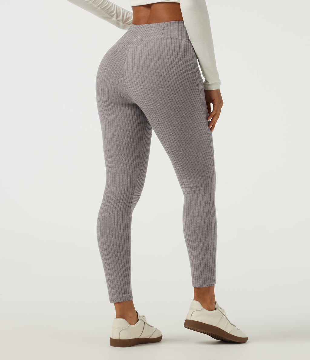 Ribbed Knit Crossover High Waisted Skinny Casual Leggings with Pockets — Dark Mottled Grey — view 2