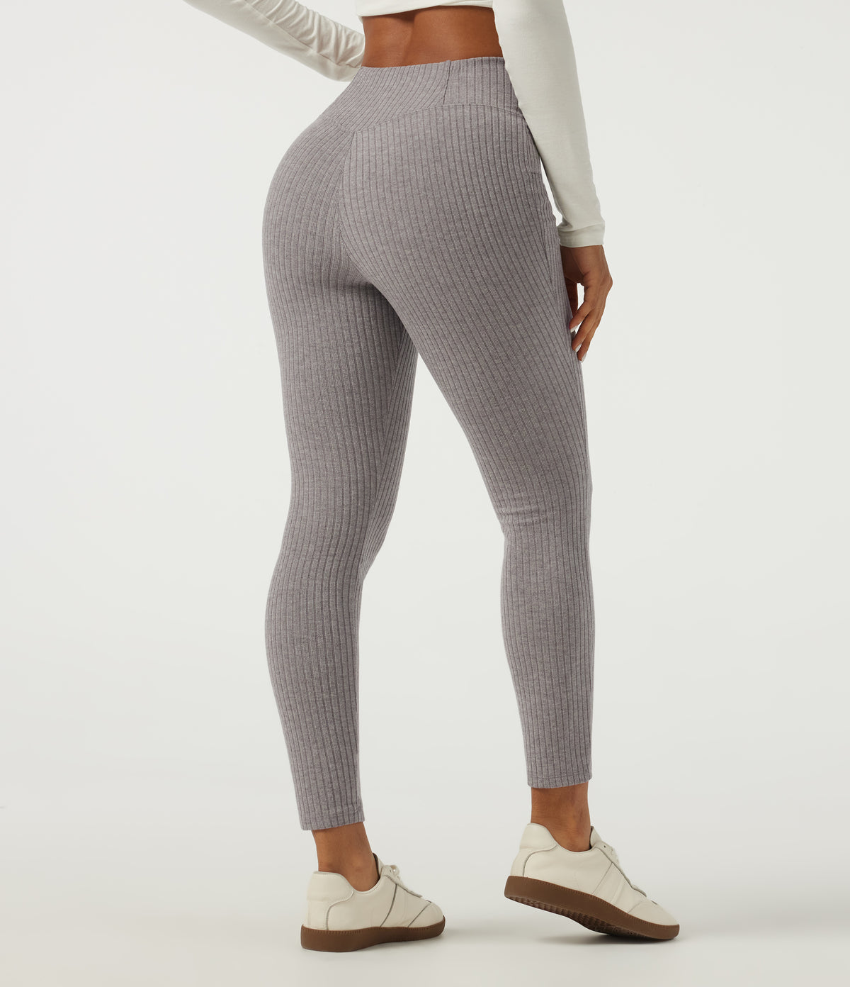 Ribbed Knit Crossover High Waisted Skinny Casual Leggings with Pockets — Dark Mottled Grey — view 2