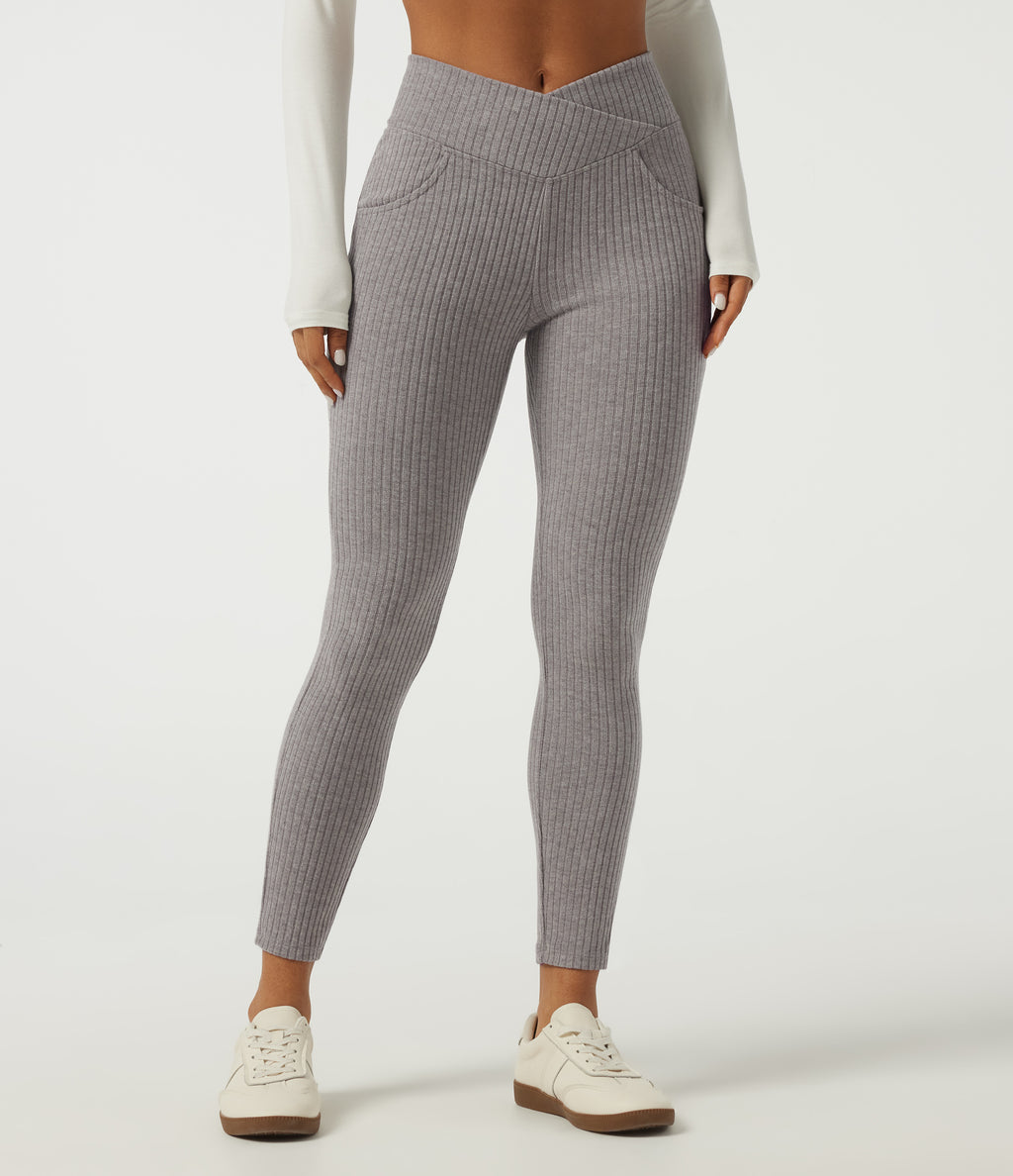 Ribbed Knit Crossover High Waisted Skinny Casual Leggings with Pockets — Dark Mottled Grey — view 3