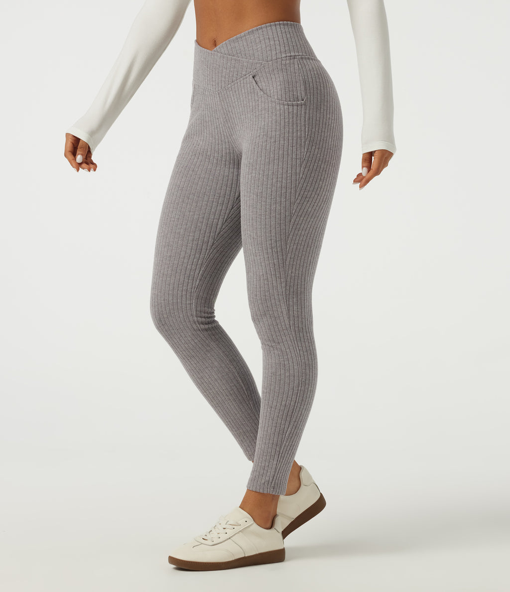 Ribbed Knit Crossover High Waisted Skinny Casual Leggings with Pockets — Dark Mottled Grey — view 1