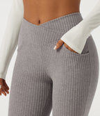 Ribbed Knit Crossover High Waisted Skinny Casual Leggings with Pockets — Dark Mottled Grey — view 4