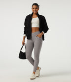 Ribbed Knit Crossover High Waisted Skinny Casual Leggings with Pockets — Dark Mottled Grey — view 6
