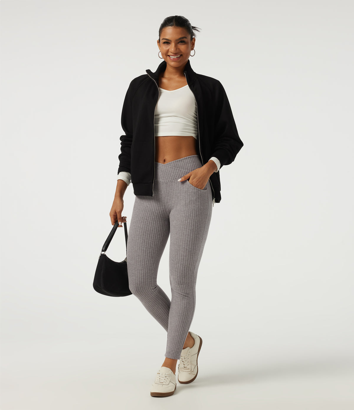 Ribbed Knit Crossover High Waisted Skinny Casual Leggings with Pockets — Dark Mottled Grey — view 6
