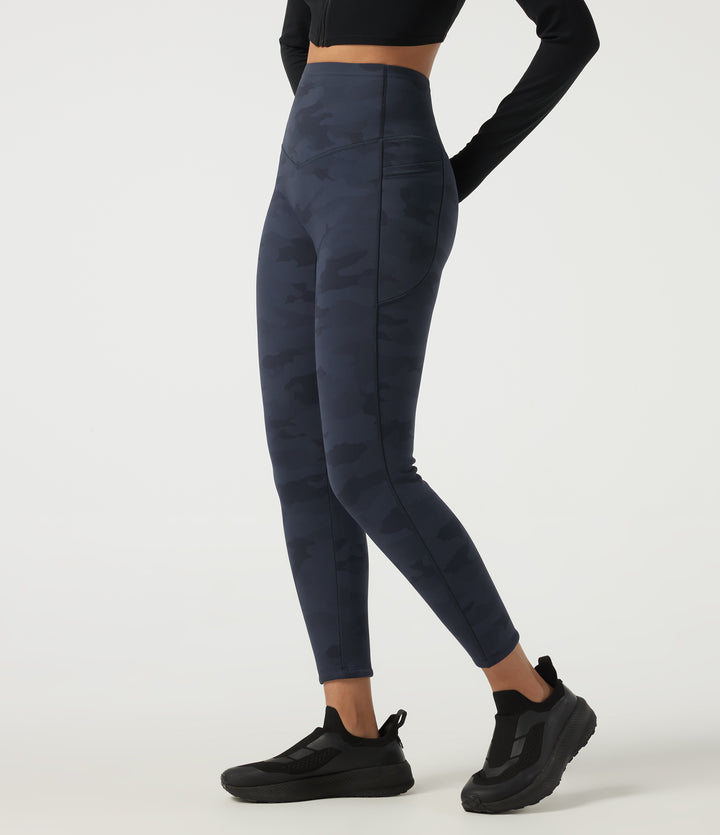 Extra Heat High Waisted Tummy Control Skinny Camo Fleece Workout Leggings with Pockets — Navy Camo — view 9