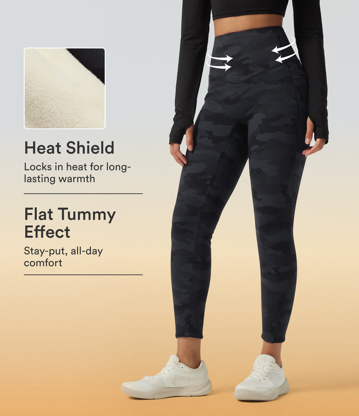 Extra Heat High Waisted Tummy Control Skinny Camo Fleece Workout Leggings with Pockets — Midnight Shadow Camo — view 1