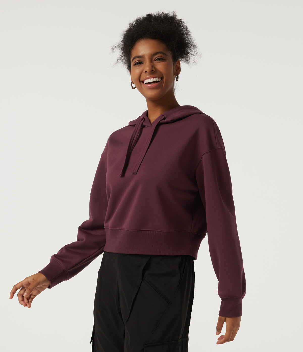 Hooded Long Sleeve Fleece Yoga Sweatshirt — Chocolate Truffle — view 3