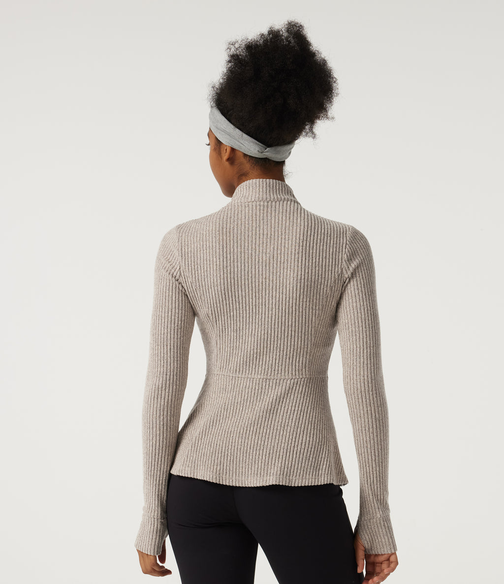 Ribbed Knit Mock Neck Long Sleeve Yoga Track Jacket with Pockets — Smoked Olive — view 2