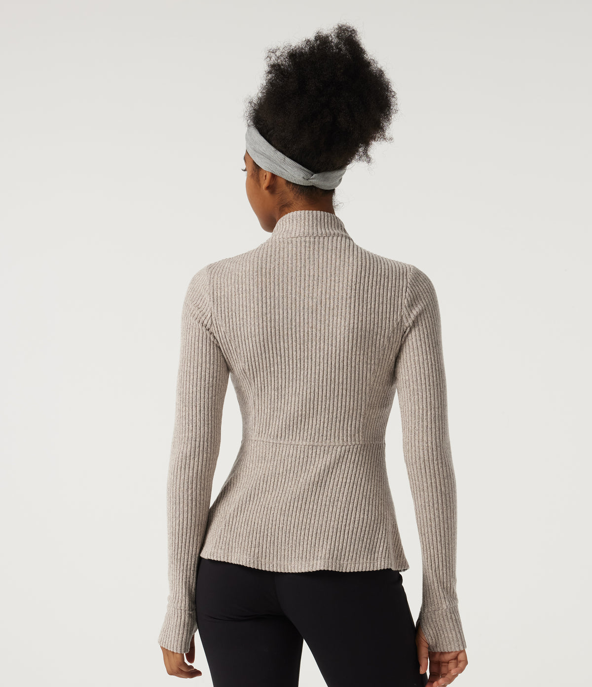 Ribbed Knit Mock Neck Long Sleeve Yoga Track Jacket with Pockets — Smoked Olive — view 2