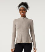 Ribbed Knit Mock Neck Long Sleeve Yoga Track Jacket with Pockets — Smoked Olive — view 1