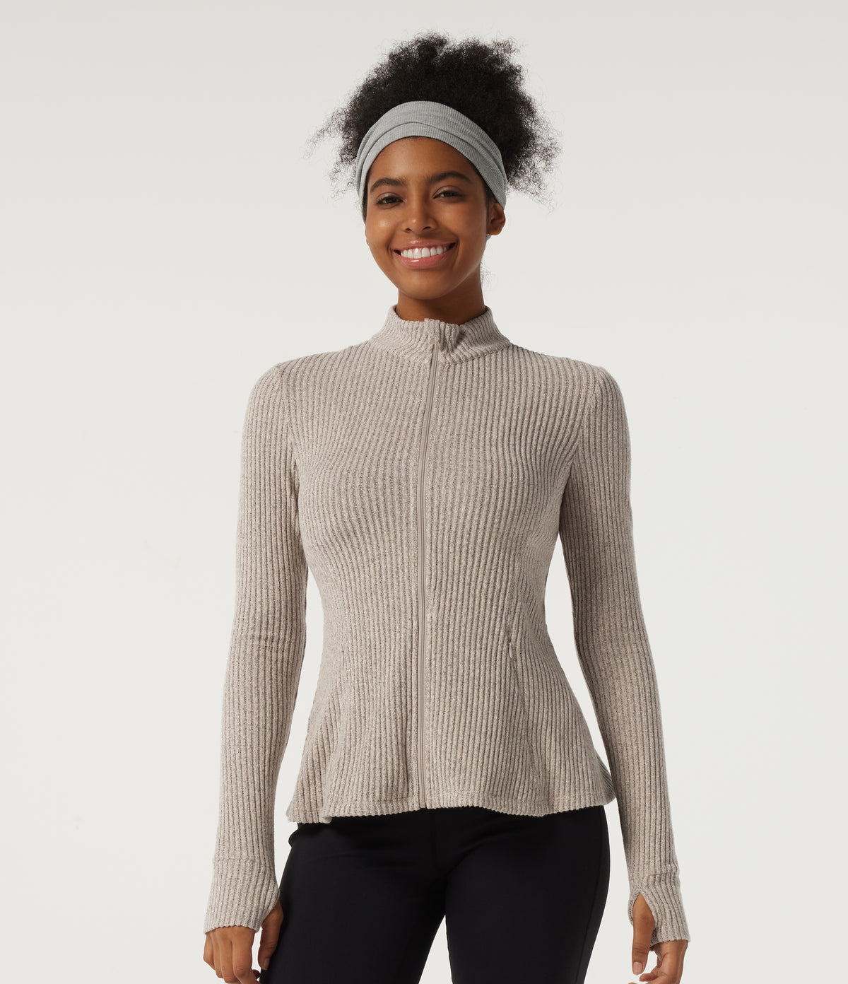 Ribbed Knit Mock Neck Long Sleeve Yoga Track Jacket with Pockets — Smoked Olive — view 1