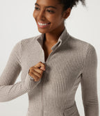 Ribbed Knit Mock Neck Long Sleeve Yoga Track Jacket with Pockets — Smoked Olive — view 5