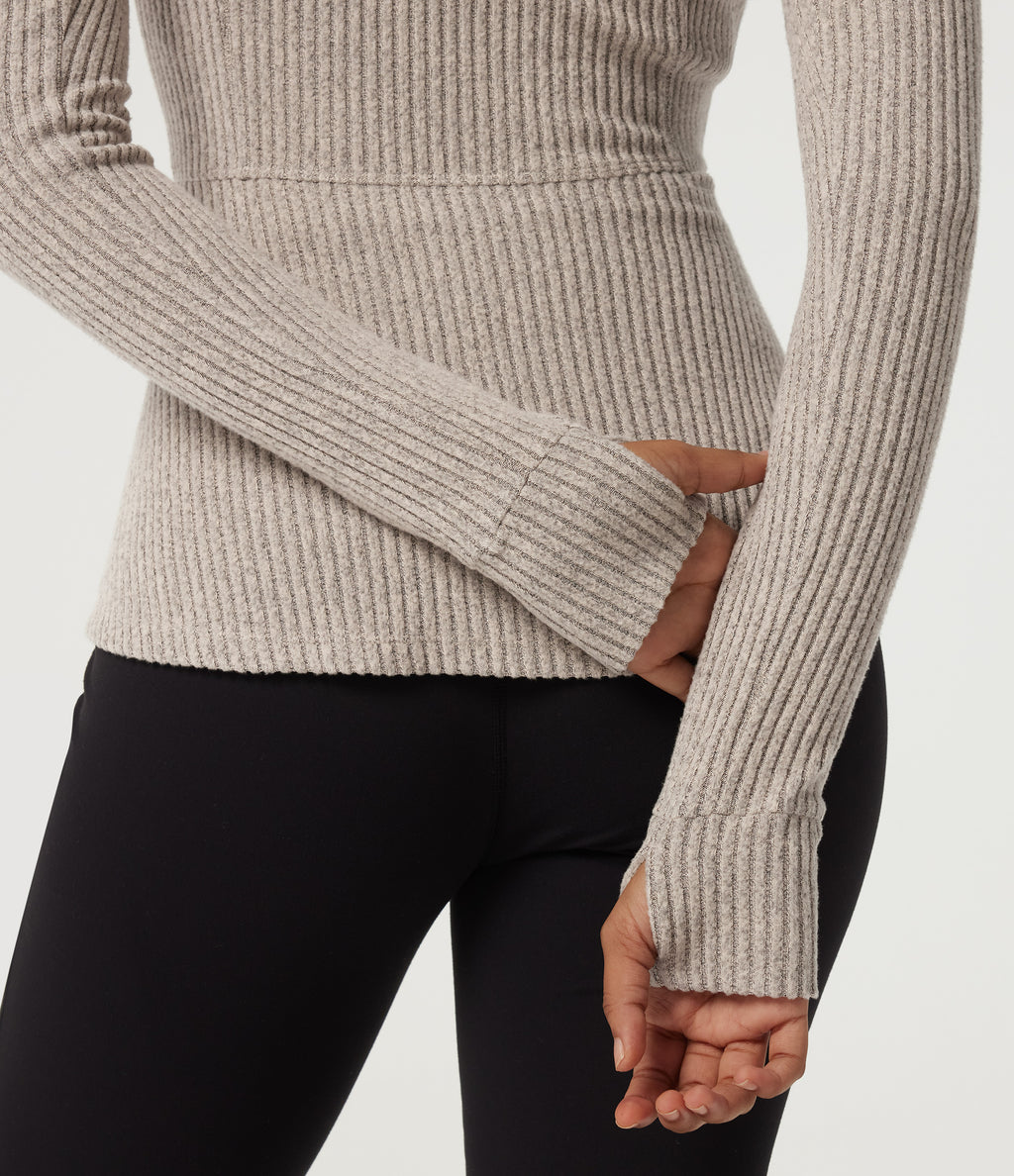 Ribbed Knit Mock Neck Long Sleeve Yoga Track Jacket with Pockets — Smoked Olive — view 6