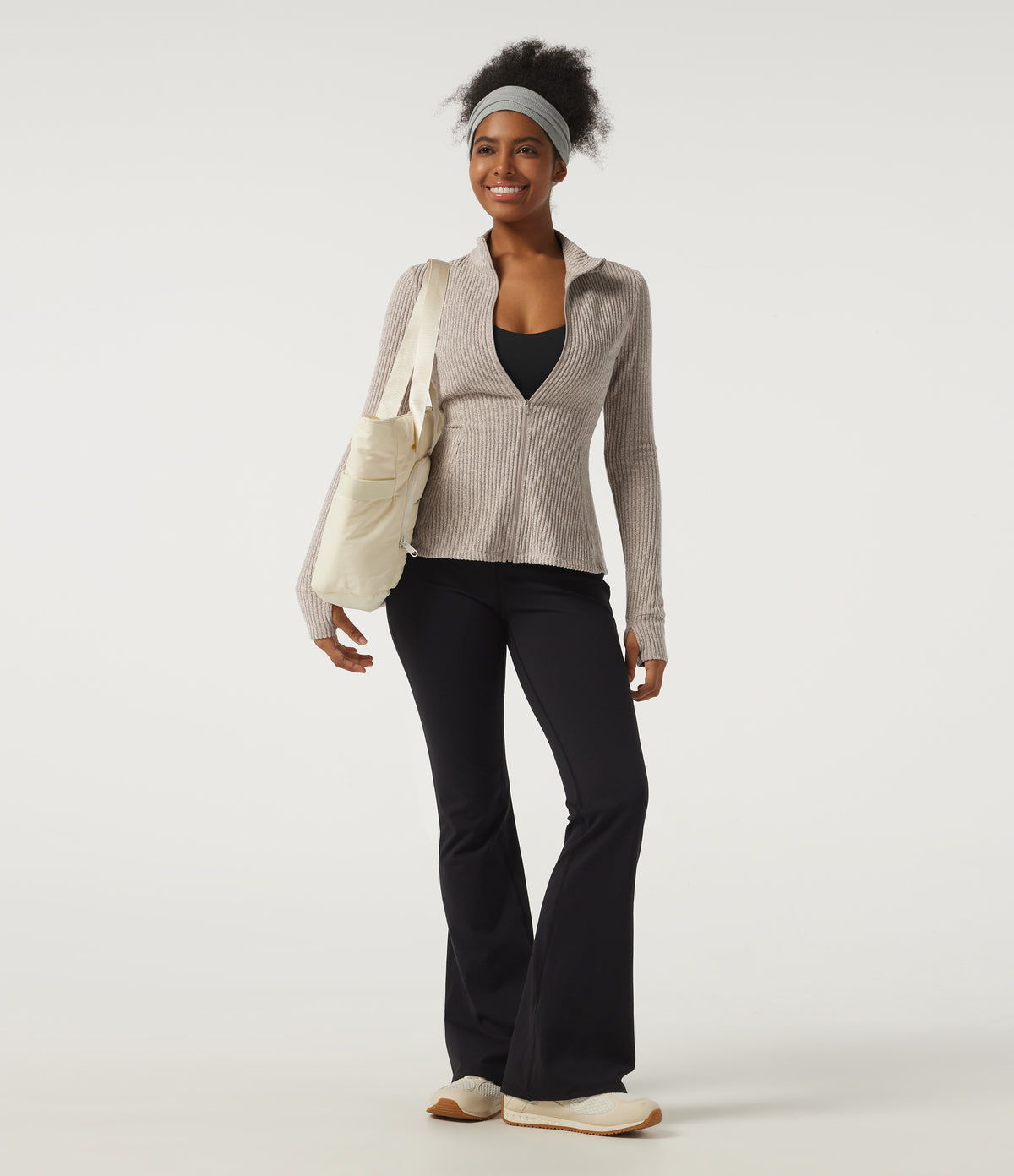 Ribbed Knit Mock Neck Long Sleeve Yoga Track Jacket with Pockets — Smoked Olive — view 8