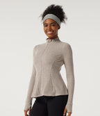Ribbed Knit Mock Neck Long Sleeve Yoga Track Jacket with Pockets — Smoked Olive — view 3