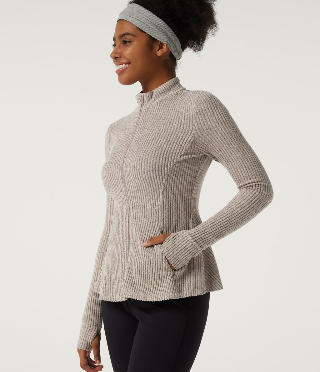 Ribbed Knit Mock Neck Long Sleeve Yoga Track Jacket with Pockets — Smoked Olive — view 4