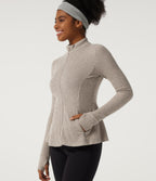 Ribbed Knit Mock Neck Long Sleeve Yoga Track Jacket with Pockets — Smoked Olive — view 4