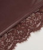 High Waisted Tummy Control Ruched Contrast Lace 2-in-1 Fleece PU Mini Bodycon Skirt — Red Mahogany — view 7