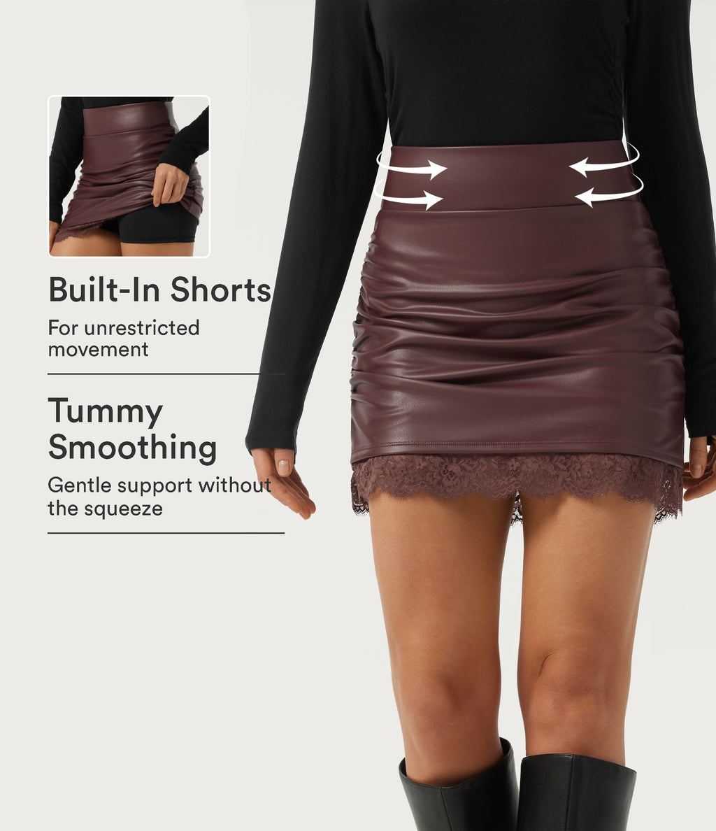 High Waisted Tummy Control Ruched Contrast Lace 2-in-1 Fleece PU Mini Bodycon Skirt — Red Mahogany — view 1