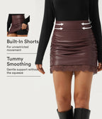 High Waisted Tummy Control Ruched Contrast Lace 2-in-1 Fleece PU Mini Bodycon Skirt — Red Mahogany — view 1